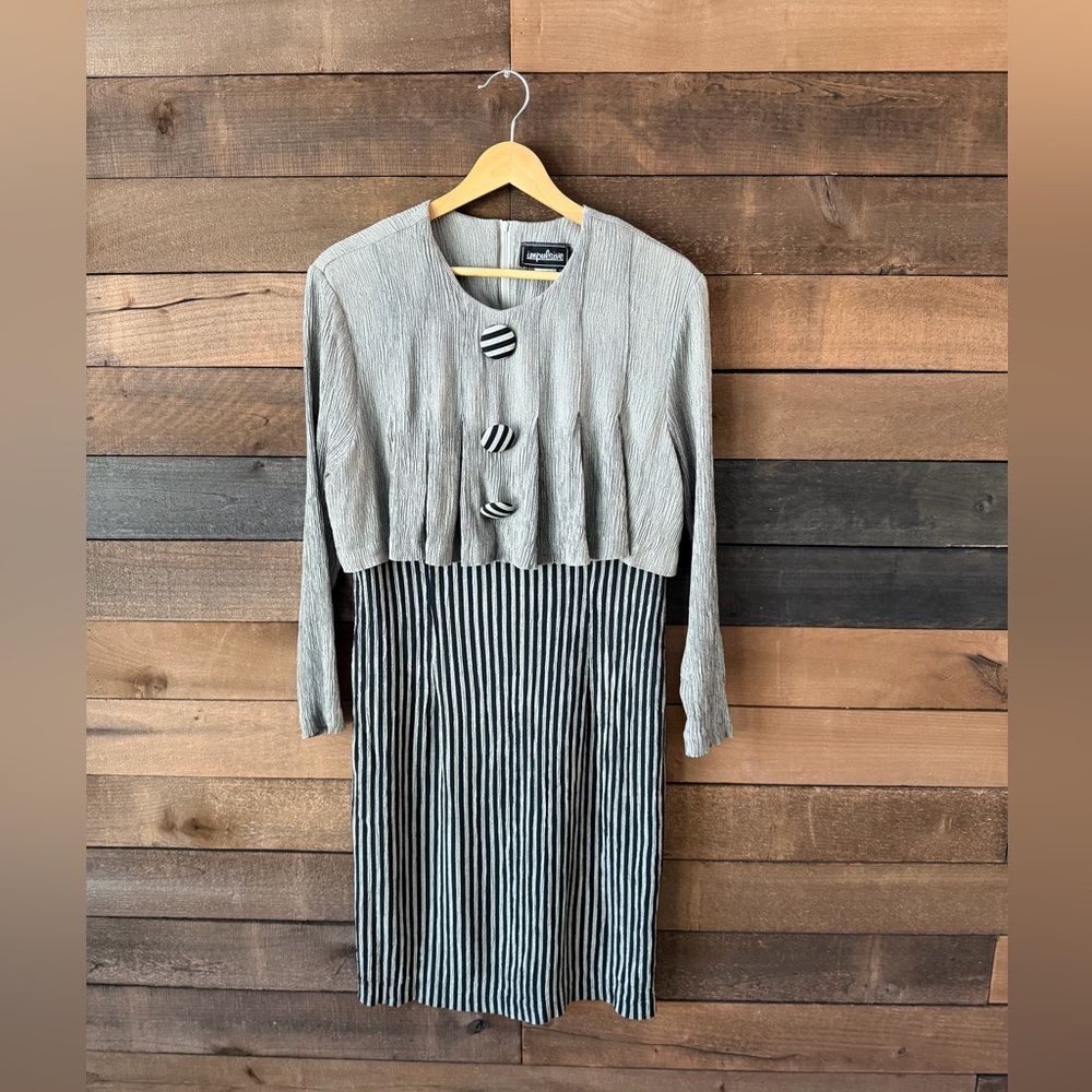 Vintage 90s Striped Midi Dress Textured Colorblock Button Front Size 12